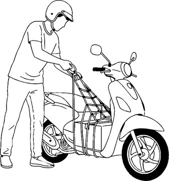 Person securing luggage on modern scooter for travel.