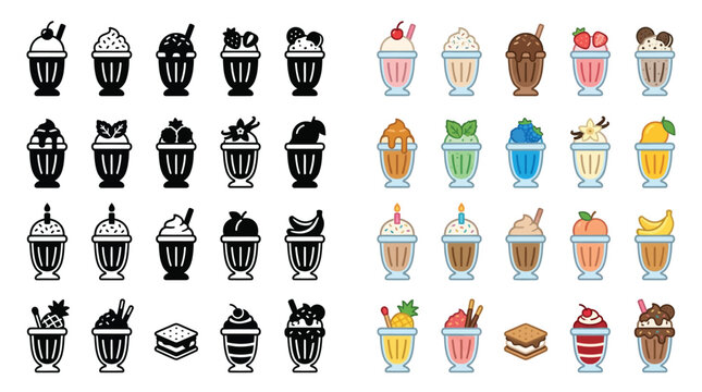 Collection of colorful and black and white cartoon milkshake icons and illustrations, perfect for food and drink designs.