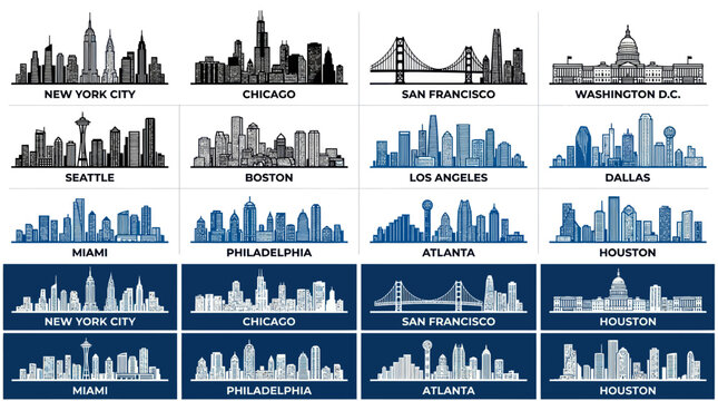 US City Skylines Vector Collection: NYC, Chicago, SF, DC, Seattle, Boston, LA, Dallas, Miami