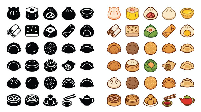 Collection of diverse Asian dumplings and dim sum icons in both black and white and color versions.