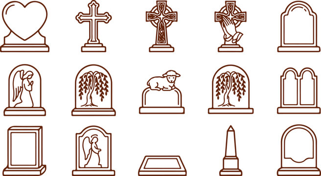 Tombstones set cemetery markers graveyard headstone collection mourning memorial burial monuments funeral grave icons set design.