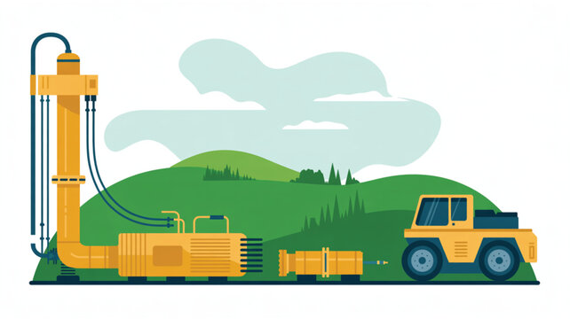 A yellow drilling rig and transport vehicle are positioned on a green landscape with rolling hills and stylized trees under a light blue cloudy sky.