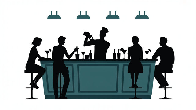Silhouette figures enjoying cocktails at a modern bar counter while a bartender prepares drinks under glowing pendant lights in a monochromatic flat vector illustration.