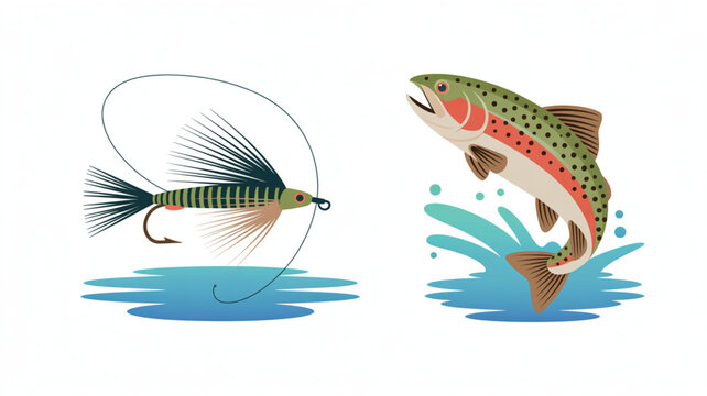 An intricate fly fishing lure floats near a leaping rainbow trout creating water splashes on a clean white background in a vibrant nature inspired illustration.