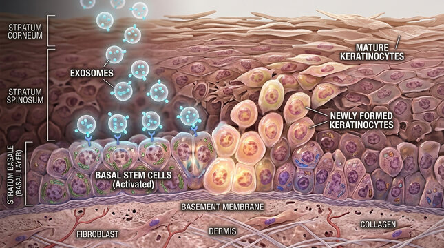 Exosome activation in basal stem cells skin dermis scientific illustration cellular environment microscopic view biomedical concept