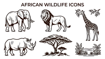 African Wildlife Icons: Elephant, Lion, Giraffe, Rhino, Acacia Tree, Nature © Lilis
