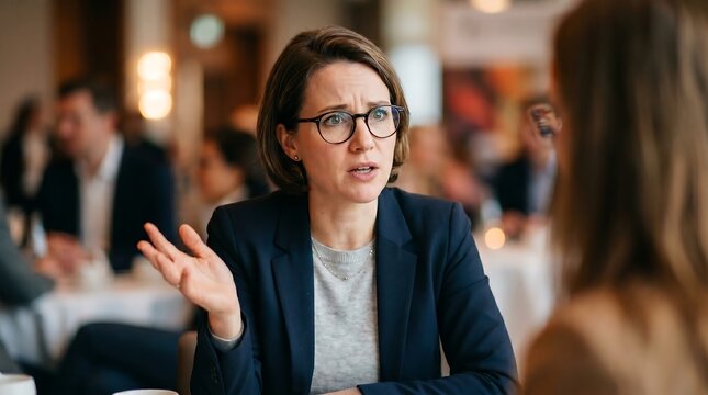 Businesswoman with confused expression gesturing during a discussion with a colleague, concept for conflict resolution, team brainstorming and stress management