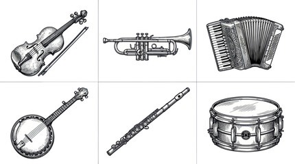 Vintage Musical Instruments Collection: Violin, Trumpet, Accordion, Banjo, Flute, Drum © Lilis