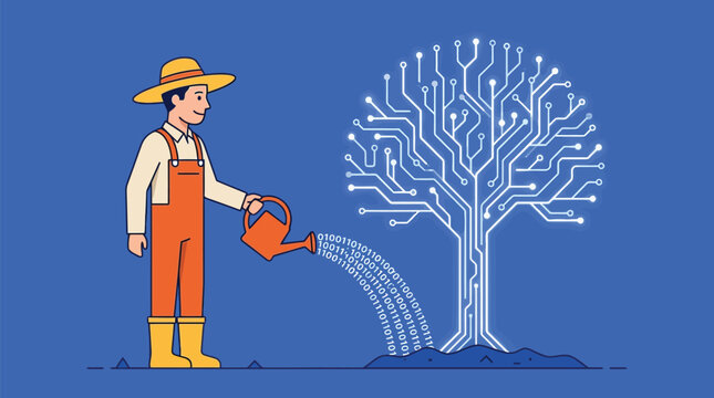 Farmer in overalls waters a glowing digital circuit tree with binary code stream on blue background
