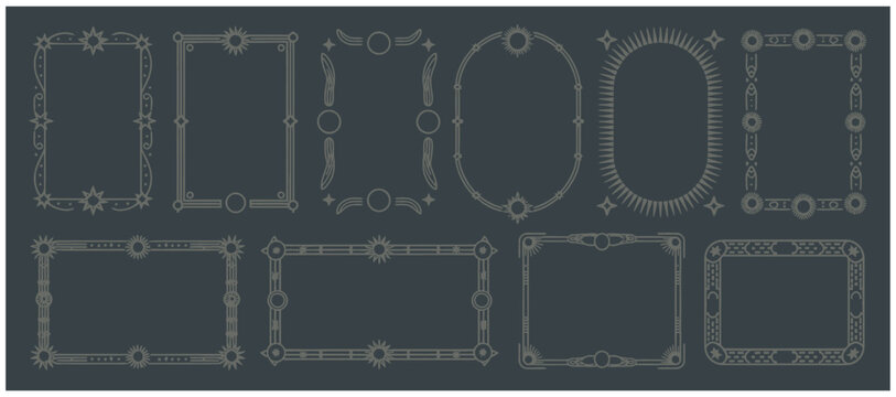Set of vintage decorative frames with celestial sun and moon motifs for invitations