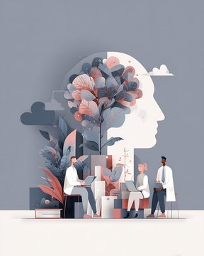 Conceptual illustration of teamwork and creative growth with a plant filled head silhouette and professionals collaborating on laptops