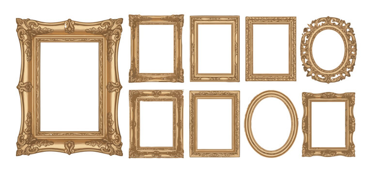 Set of elegant golden vintage picture frames with intricate carvings and classic style
