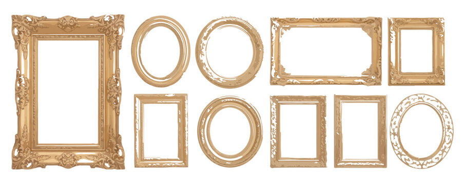Assorted antique golden picture frames with ornate carvings and vintage textures