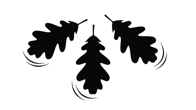 Three black silhouettes of oak leaves arranged in a curve with motion lines on a plain white background for autumn design.