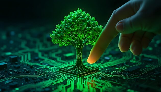digital binary tree growing from ai circuit board with human finger touch