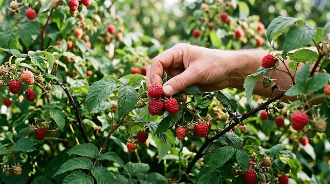 Farmer harvesting fresh organic raspberries in a sunny garden