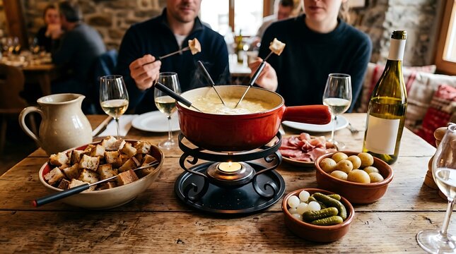 Traditional Swiss Cheese Fondue Dinner in a Rustic Alpine Restaurant