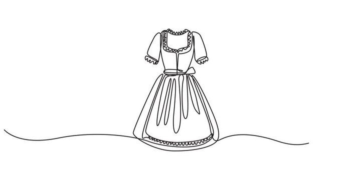 Animated self drawing of  dirndl dress continuous one line drawing, A traditional German dirndl This dress is made of a light floral print fabric with a fit Animated 