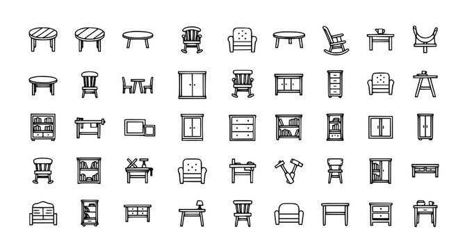 Linear wood furniture icon pack with tables chairs cupboards and carpenter symbols vector