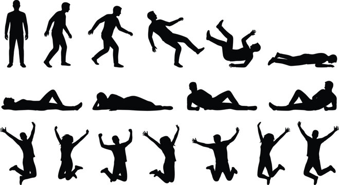 Untitled-7Collection of people silhouettes in various poses including falling down slipping jumping for joy and lying on floor vector