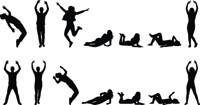 Collection of people silhouettes in various poses featuring jumping lying down falling backwards stretching and dancing vector illustration