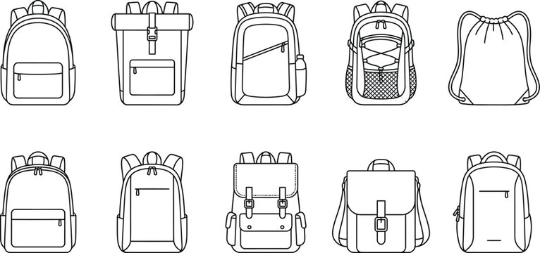 Collection of outline style backpack icons for school and travel themes.