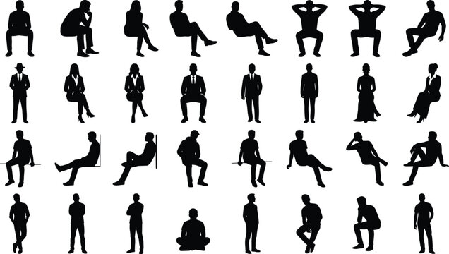 Collection of sitting and standing people silhouettes featuring business professionals casual men and women in various poses vector