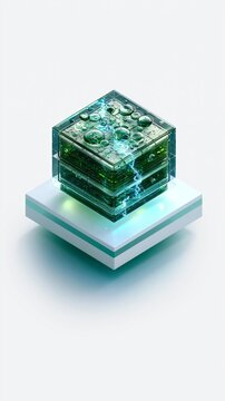 Isometric 3D illustration focusing on a green hydrogen fuel cell stack with detailed water droplets and electric pulses set against a minimalist white background with tealblue