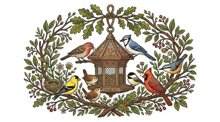 Diverse Birds Gathering at Ornate Seed Feeder Surrounded by Oak Branches and Berries © mus