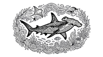 Hammerhead Shark, Stingray, and Fish in Ornate Underwater Scene © mus