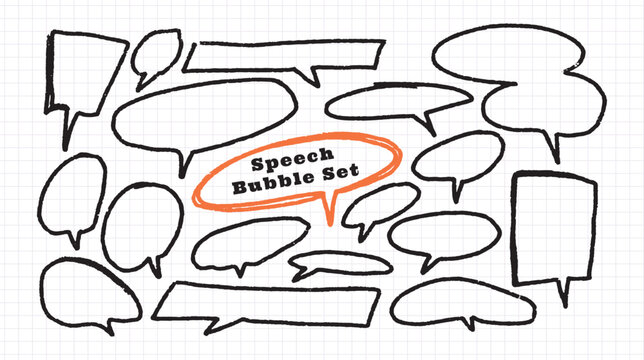 Black Speech bubbles set on grid paper. Hand drawn comic outline frames, chat boxes, orange speech label, rough marker texture, doodle note shapes. Flat vector illustration