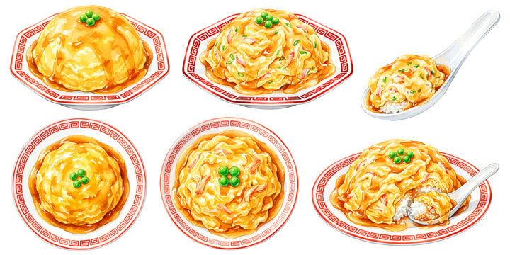 天津飯のイラストセット,水彩風のかに玉丼と天津丼,中華料理メニューやラーメン店のあんかけご飯素材集,手描きベクター