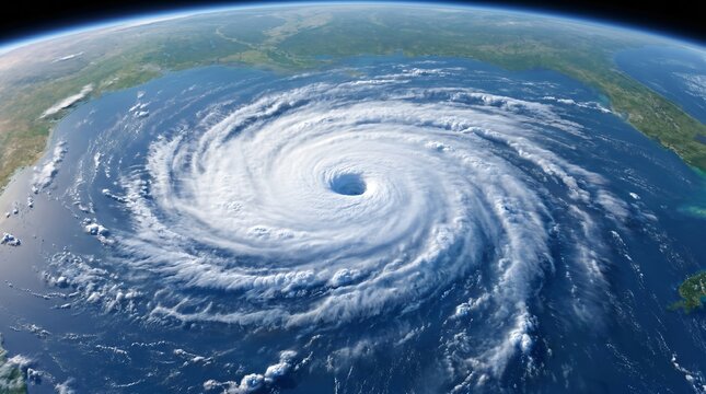 Satellite view of powerful tropical cyclone rotating over ocean near coast with swirl of white clouds.