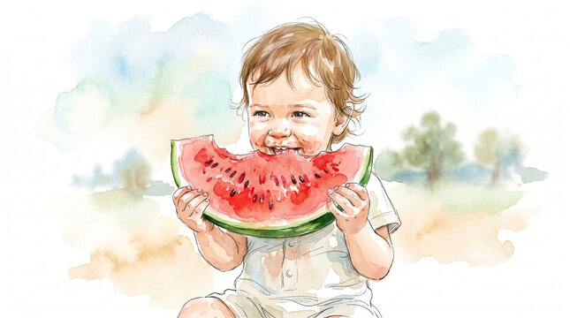 Toddler eating watermelon slice with a joyful expression in a sunny park  