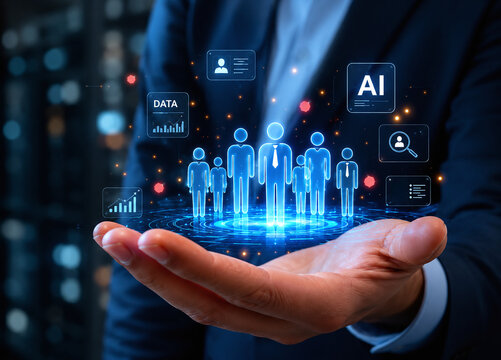 Businessman holding a digital hologram of people and AI icons, representing human resources recruitment, data analytics, and talent management technology concept in a modern corporate office.