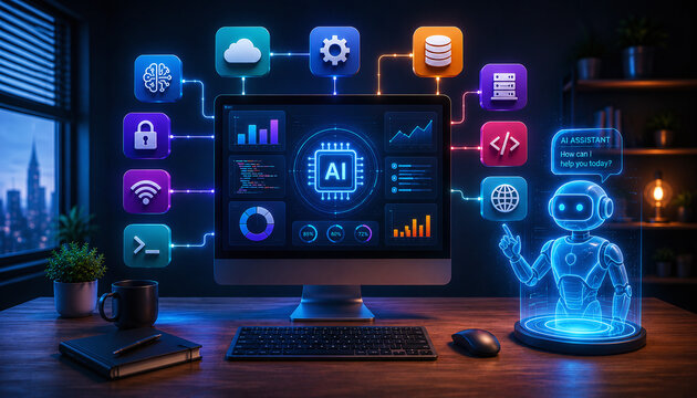 Futuristic AI robot assistant hologram in a home office at night, digital dashboard on computer screen connected to cloud technology, database, and automation icons for business.