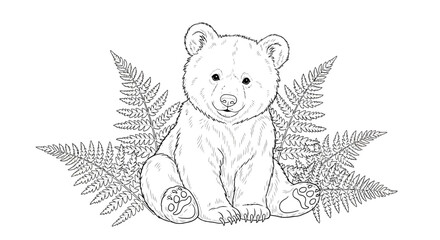 Cute Bear Cub Illustration with Ferns - Line Art Coloring Page © Sari