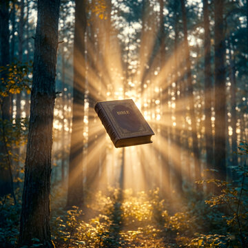 Glowing Bible floating in a sunlit forest with light rays streaming through trees, faith concept