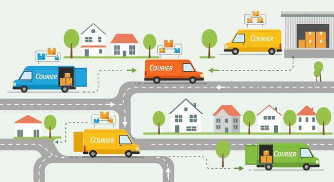 Logistics network: Delivery vans in a suburban landscape, connecting homes and warehouse