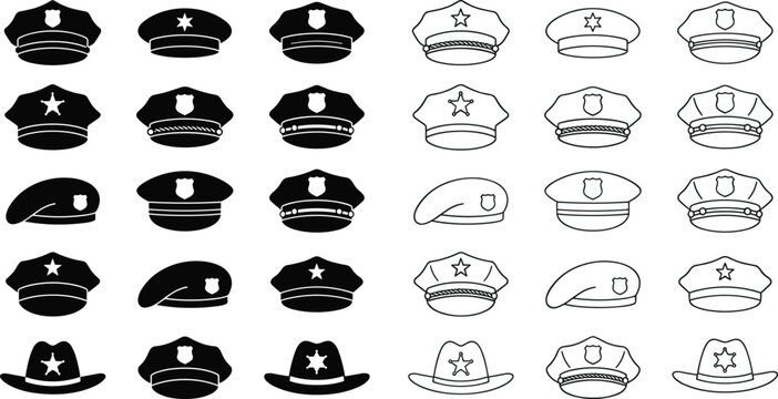 Police and military hat icon illustrations with solid and outline styles, uniform headgear graphics, and vector design concepts