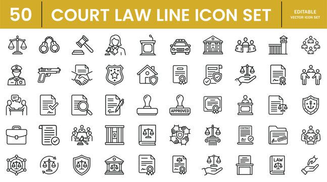 Court law justice line icon set in outline style. Legal document, Judge, Attorney, Gavel, Constitution, Balance scale, Jurisdiction and Law enforcement black outline symbol sign for apps and web