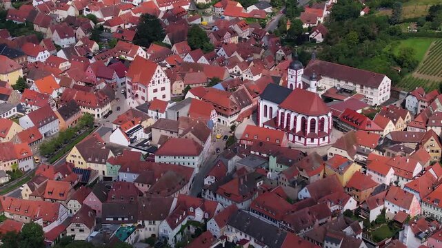  An Aerial view around the old town beside the city Dettelbach in south Germany on a sunny spring day