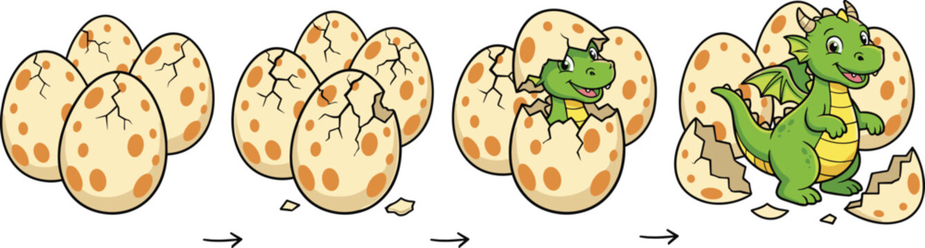 Baby dragon hatching illustration with fantasy egg cracking stages, cute creature design, and playful vector concepts