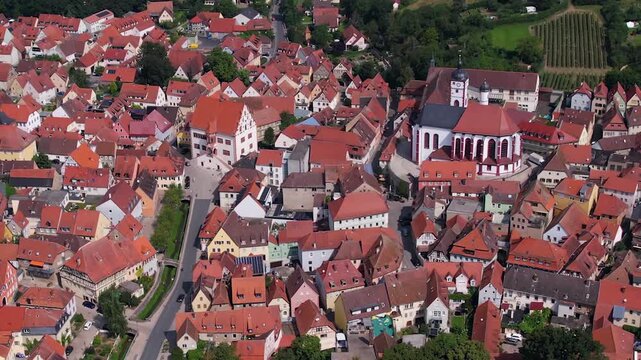  An Aerial view around the old town beside the city Dettelbach in south Germany on a sunny spring day