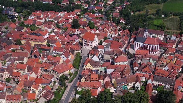  An Aerial view around the old town beside the city Dettelbach in south Germany on a sunny spring day