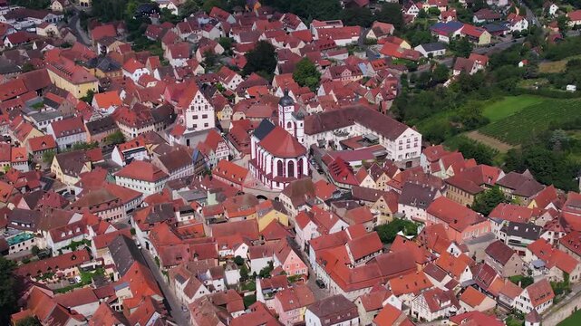  An Aerial view around the old town beside the city Dettelbach in south Germany on a sunny spring day