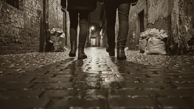 A low-angle shot follows two individuals walking down a narrow, wet alleyway at night. Their footsteps echo on the cobblestones as they disappear into the dim urban glow.