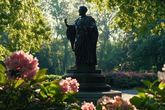 A majestic statue of Brutus in a sunlit park, surrounded by blooming flowers and lush greenery. 