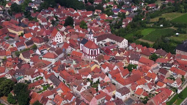  An Aerial view around the old town beside the city Dettelbach in south Germany on a sunny spring day