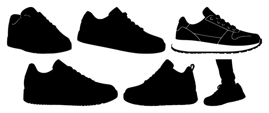 Sneaker set with black silhouette against white background featuring footwear, athletic shoe, fashion with minimalism and silhouette